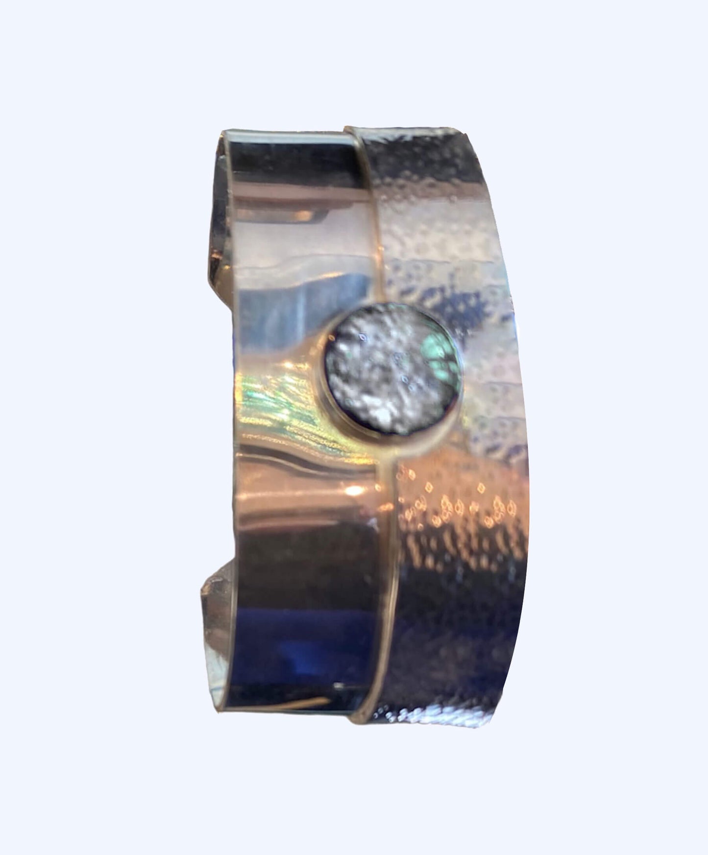 Hand hammered sterling silver with fused glass cuff