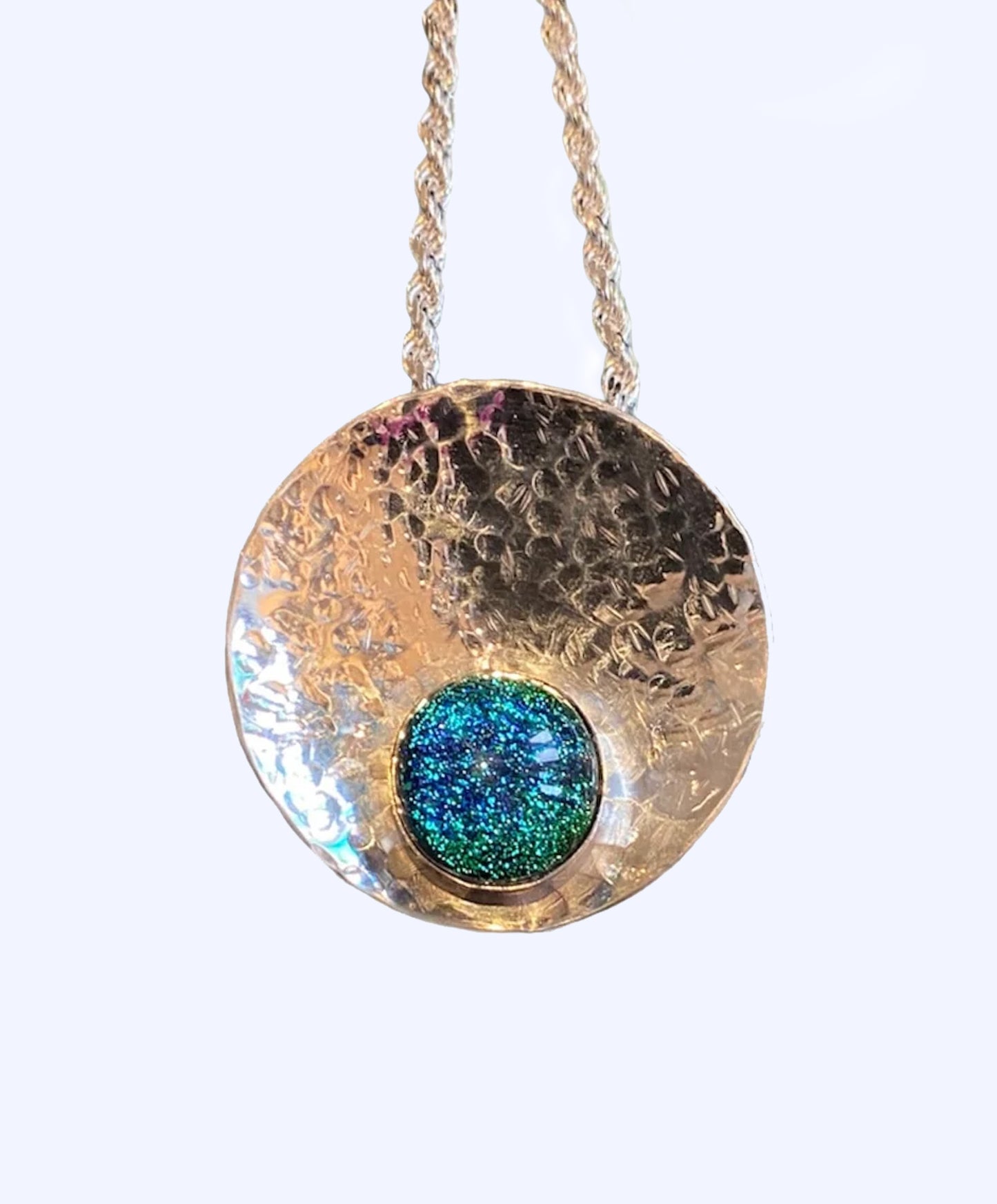 Hand hammered sterling silver bowl with fused glass necklace