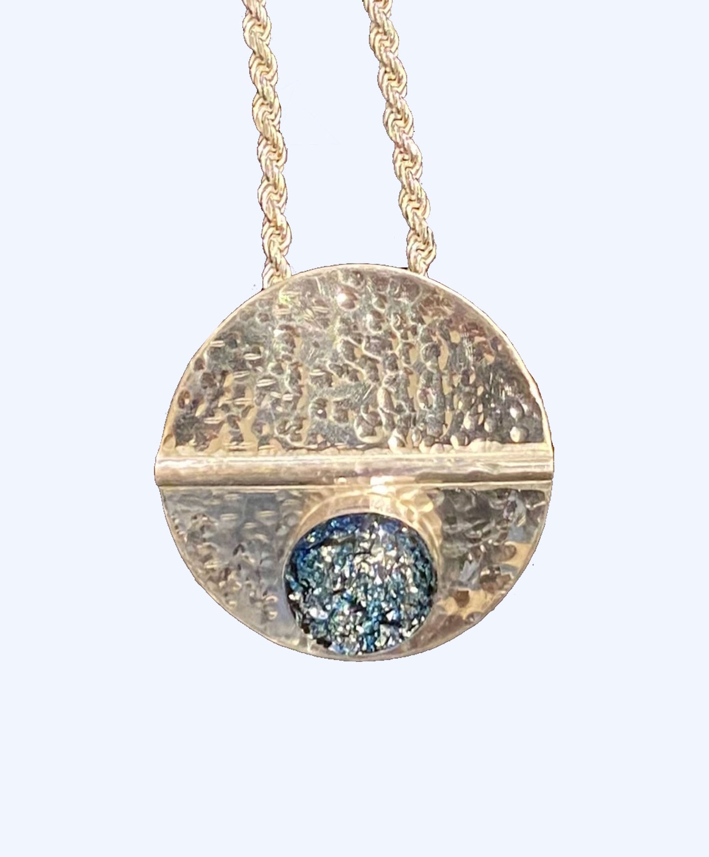 Hand hammered sterling silver disk with centre line and fused glass necklace